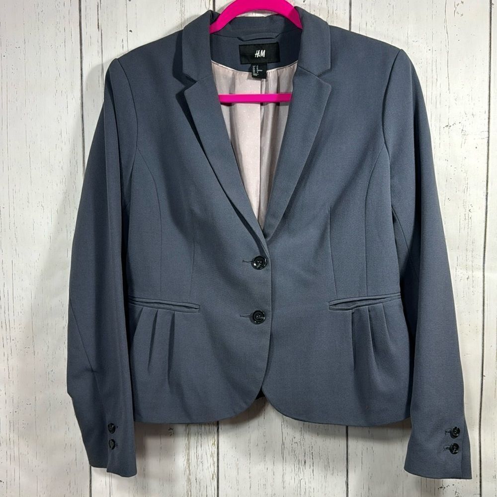 H&M Womens Gray Pleated 2 Button Career Office Blazer Jacket